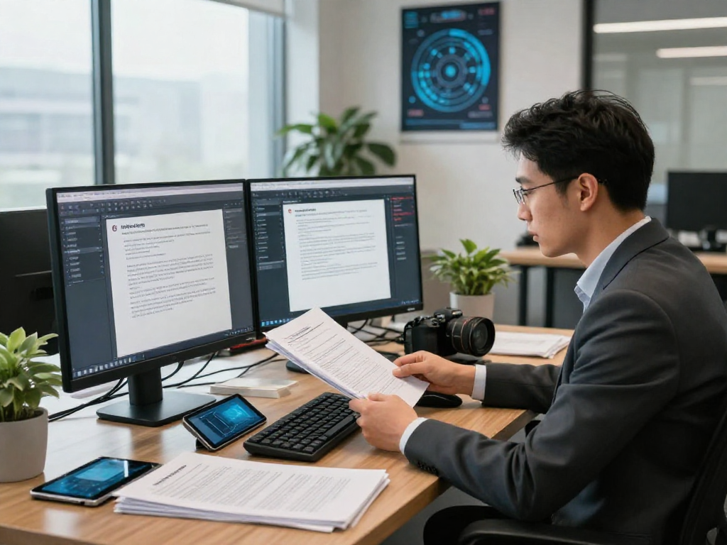 Document fraud detection expert analyzing documents with AI software in a modern office.